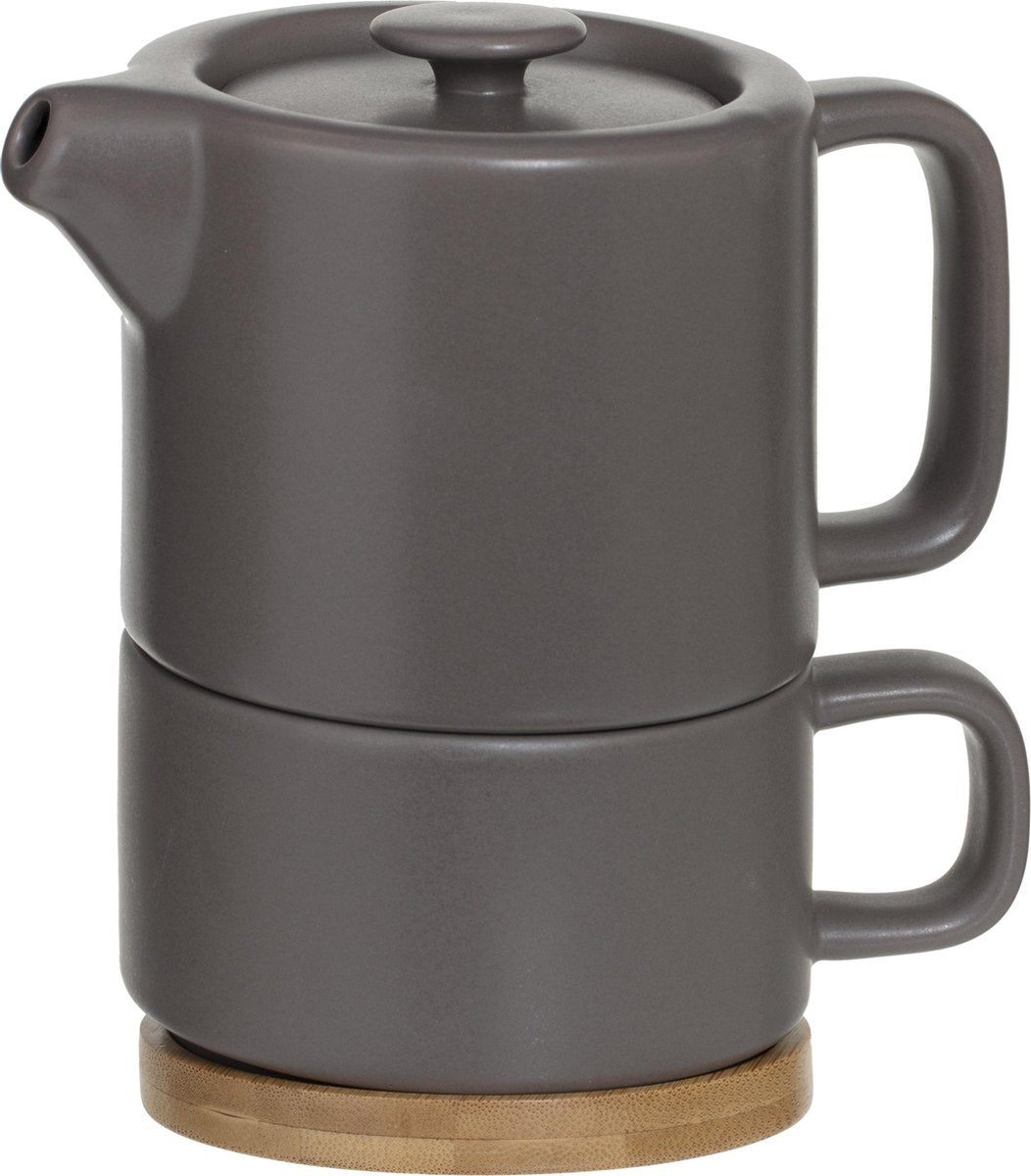 3 IN 1 THEEPOT + KOPJE + ONDERZETTER KERAMIEK TAUPE
