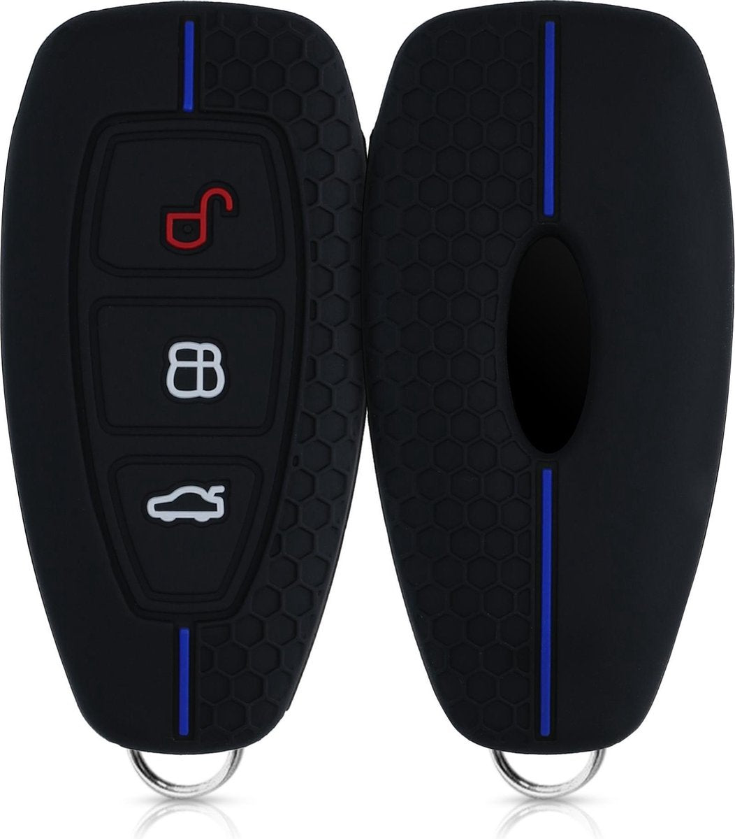 kwmobile autosleutelhoes voor Ford 3-knops autosleutel Keyless Go - Siliconen beschermhoes in zwart / blauw
