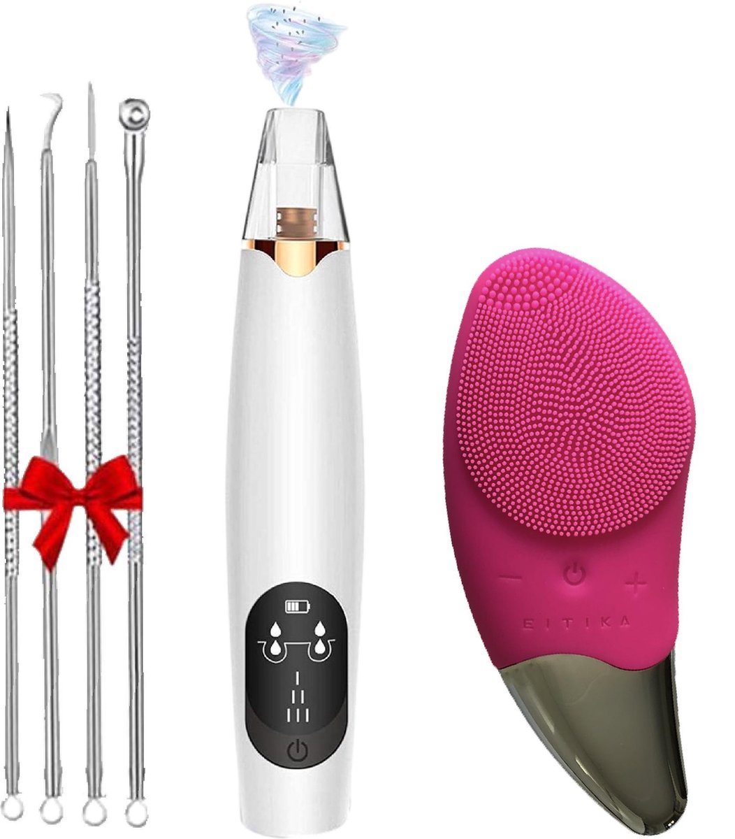 Blackhead Remover - Gezichtsreiniger - Inclusief Gezicht Borstel en comedonenlepel - Mee eters Verwijderen - Poriënreiniger - 3 Opzetstukken - Wit/Donker Roze