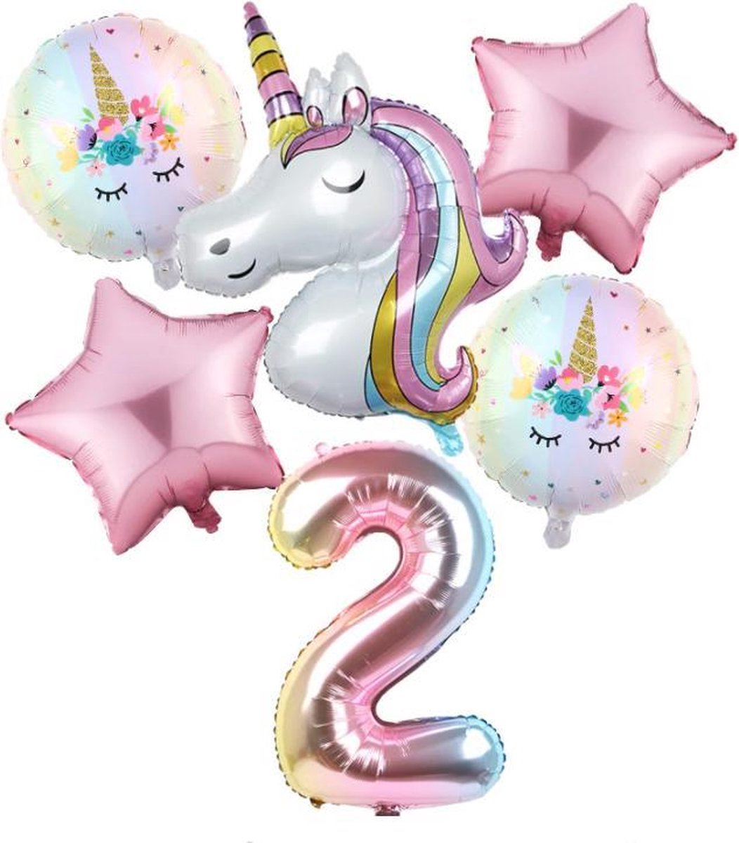 Set van 6 Stuks Unicorn / Eenhoorn ballonnen Verjaardagsfeestje Decoraties ( 2 jaar)
