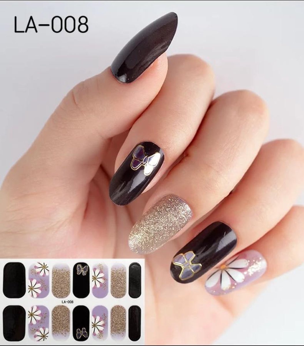 Nail art nagel stickers nagel stickers vlinder witte bloem paars zwart goud