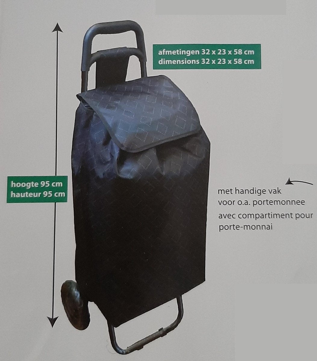 TROLLEY| BOODSCHAPENTROLLEY| LICHTGEWICHT| MET GEISOLEERDE BINNENKANT|HANDIG VAK VOOR PORTEMONNEE| HOOGTE 95 CM| INHOUD 40 LITER