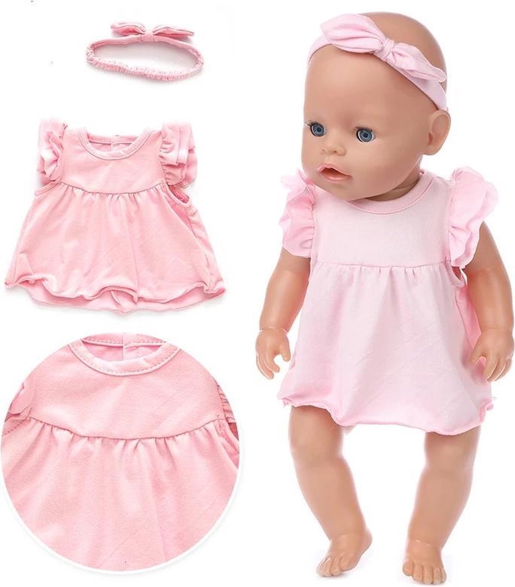 Poppenkleertjes - Geschikt voor Baby Born - Roze jurk met haarband - Lente of zomer outfit