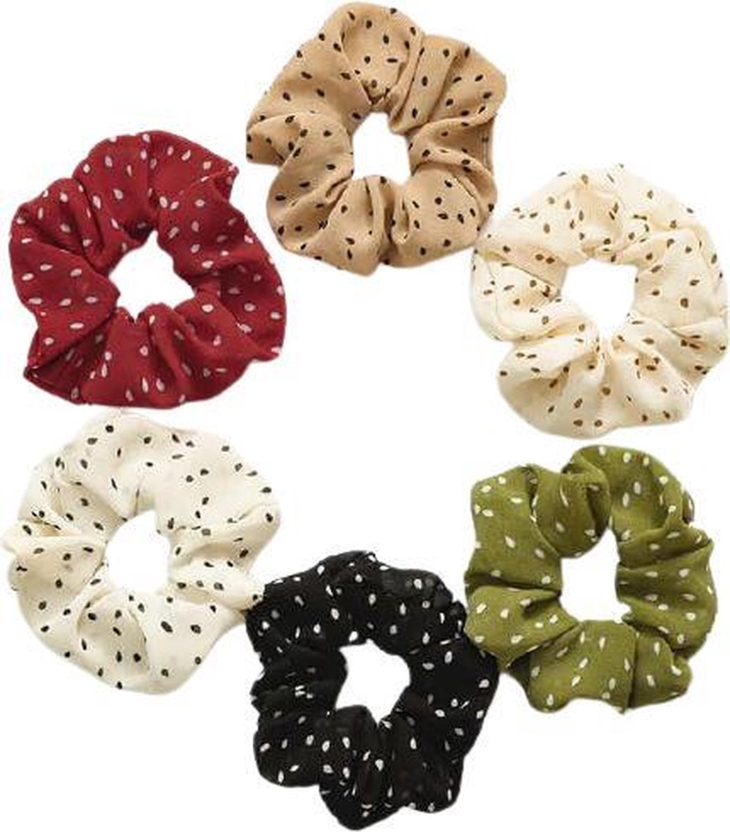 MINIIYOU® Set 6 stuks | Dames gestipte haar scrunchies - meisjes haar scrunchies stippen - haar scrunchie pack - haar wokkels - haar elastieken - camel - wit - zwart - groen - rood