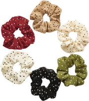 MINIIYOU® Set 6 stuks | Dames gestipte haar scrunchies - meisjes haar scrunchies stippen - haar scrunchie pack - haar wokkels - haar elastieken - camel - wit - zwart - groen - rood