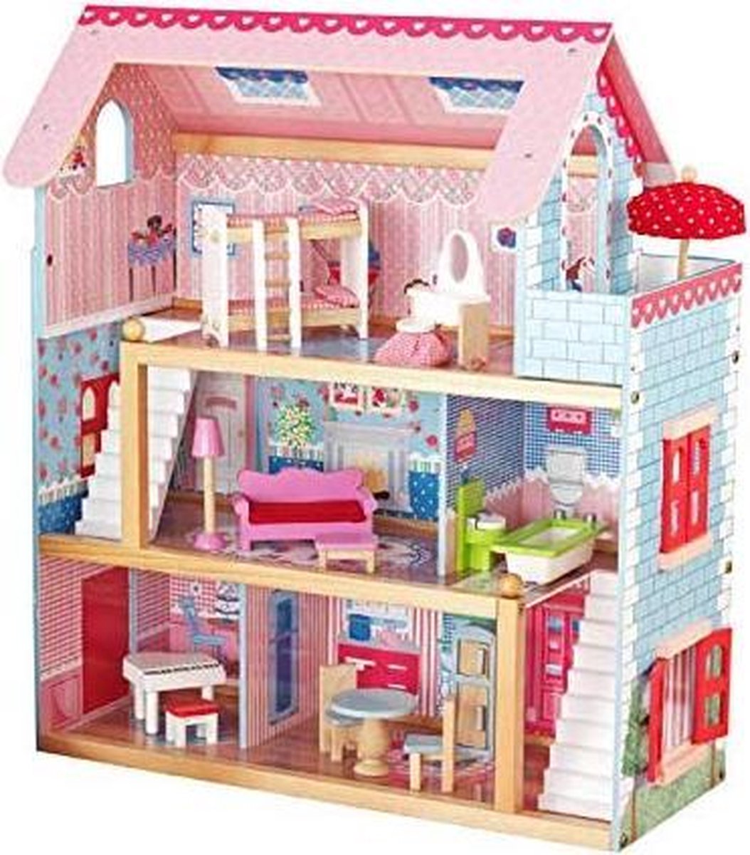 Trend24 - Houten Poppenhuis - Poppenvilla - 3 Verdiepingen - Incl. accessoires - LED-verlichting