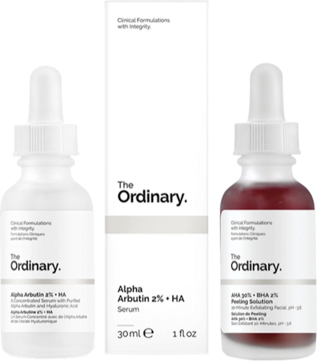 The Ordinary | duo  set | Tegen onzuiverheden | Voor een strakke huid | Egale huid | pigmentvlekken verwijderen | Alpha Arbutin 2% + HA 30ml | AHA 30% + BHA 2% Peeling Solution 30ml