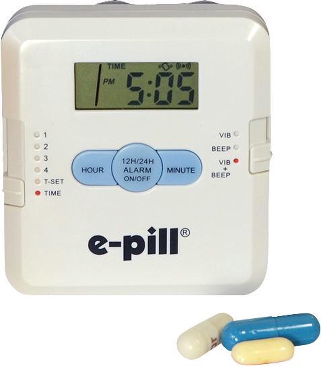 Medicijnalarm/pillendoos met 4 krachtige tril- en/of luid geluid alarmen en 4 pilvakken