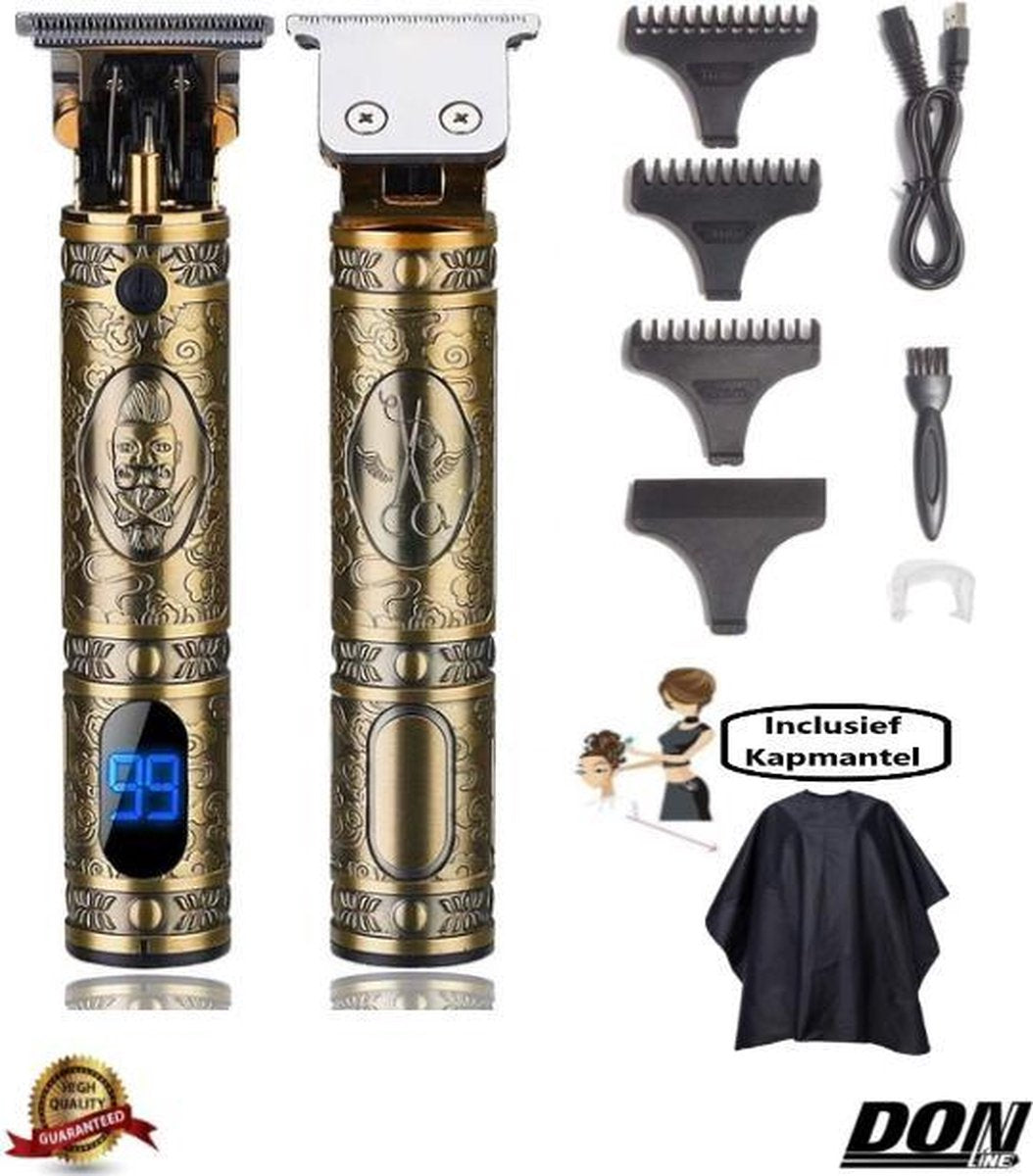 Luxe - Professionele trimmerset - Goud - Met Display -  LCD - Inclusief: Kapmantel - Trimmer voor mannen - Baardtrimmer - Scheerapparaat -  Draadloos - USB Opladen - Contouren -1500mAh - Opzetstukken 1mm - 2mm - 3mm
