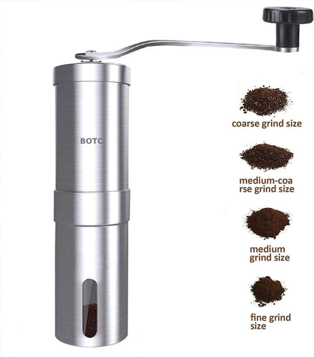 BOTC Handmatige Koffiemolen met instelbare instelling - Bonenmaler - Koffiemaler - RVS - Zilver