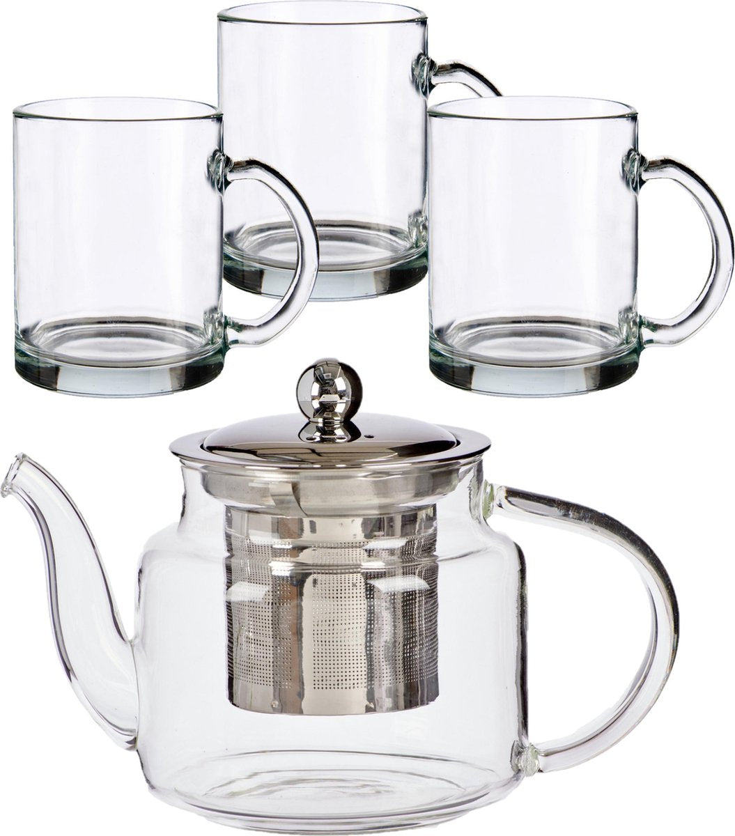 Glazen theepot met filter/infuser van 500 ml met 6x stuks theeglazen van 285 ml