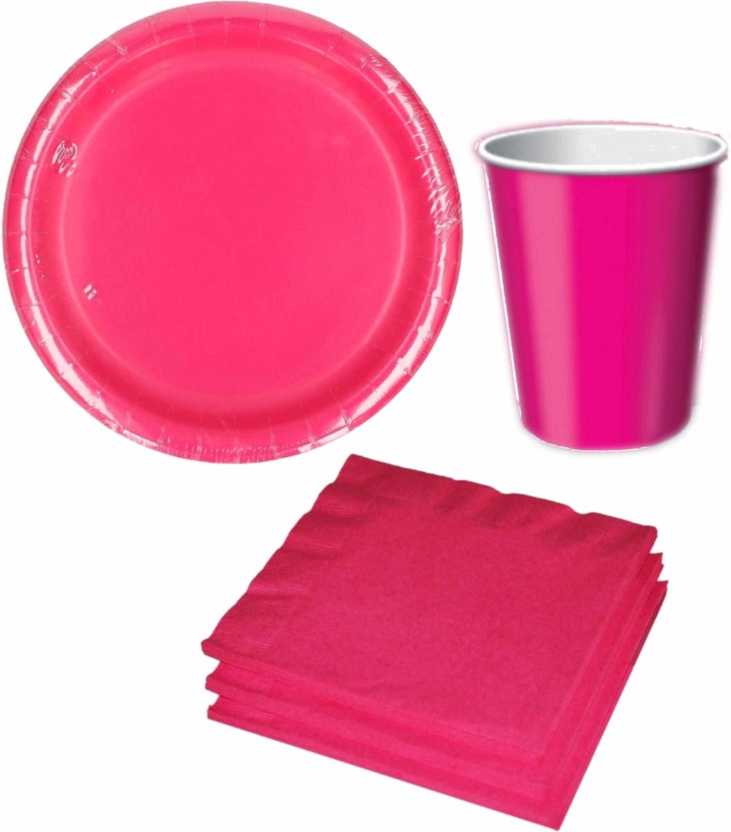 Tafel dekken feestartikelen in kleur fuchsia roze - 32x bordjes/32x bekers/40x servetten van papier - Gedekte tafel feestartikelen