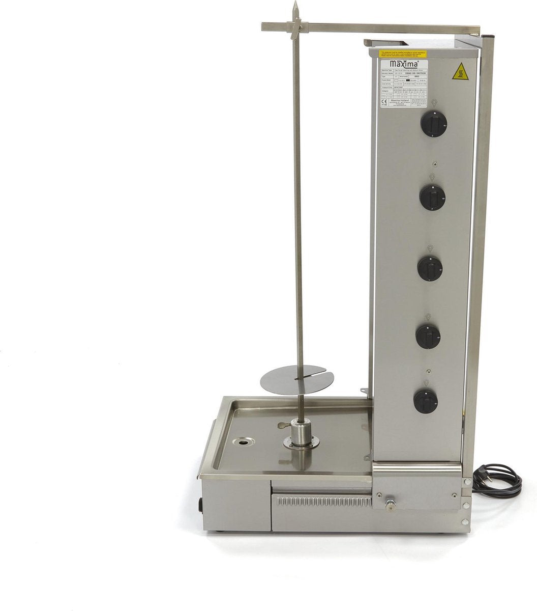 Doner Kebab / Gyros / Shoarma Grill 5 Branders - Gas - RVS - Max. 100 kg Vlees - Verstelbare Spies - Links + Rechts Draaiend - Doner Grill - Maxima