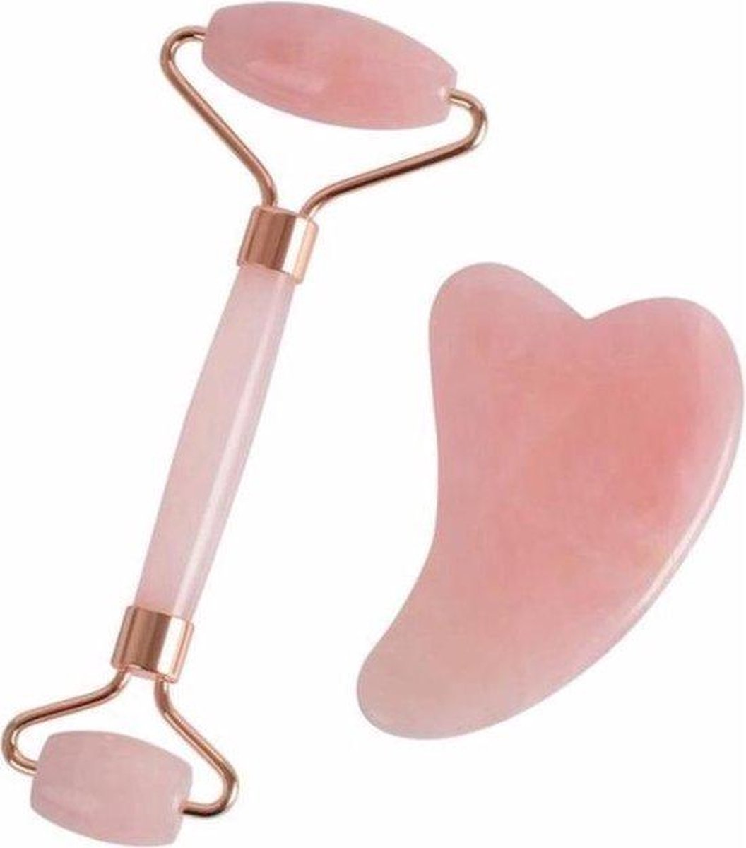 Verbeterde Jade Roller + Gua Sha Schraper - Gezichtsroller - Face Roller - Rose Quartz Roller - Roze- Pink - Mangry