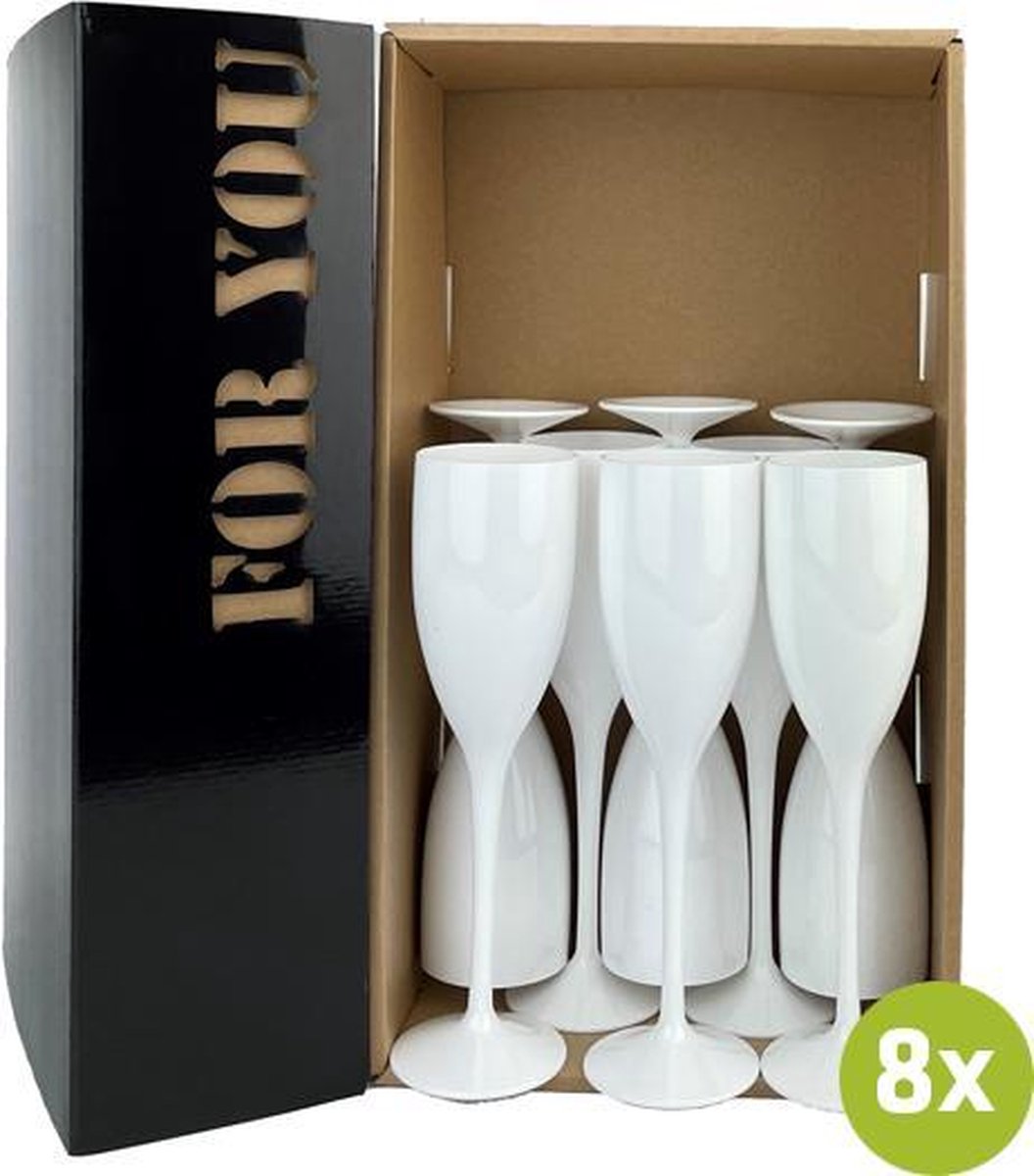 8x Champagneglas Reims wit 15cl cadeauset | Onbreekbare kunststof / plastic drinkglazen