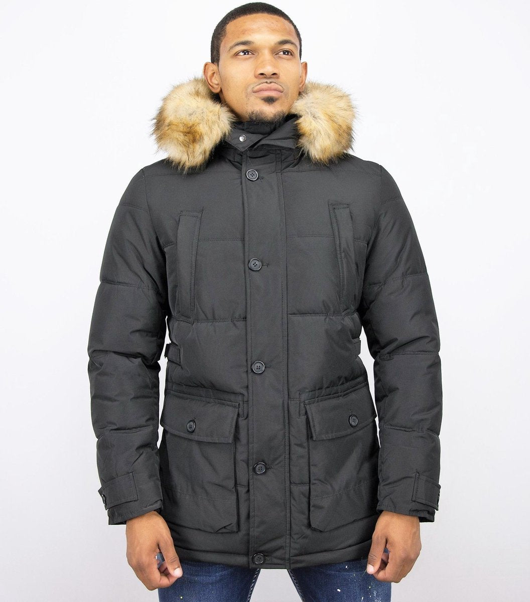 Enos Lange Heren Winterjas – Met Bontkraag – Zwart - Maat: M