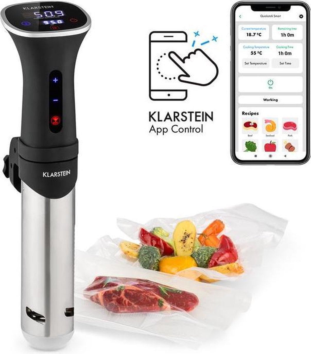 Klarstein Quickstick Smart sous-vide pomp 1200 watt - 3D circulatie  - Instelbare temperaturen 20 tot 95  °C -  bedienening via WiFi plus Klarstein App Experience voor Android