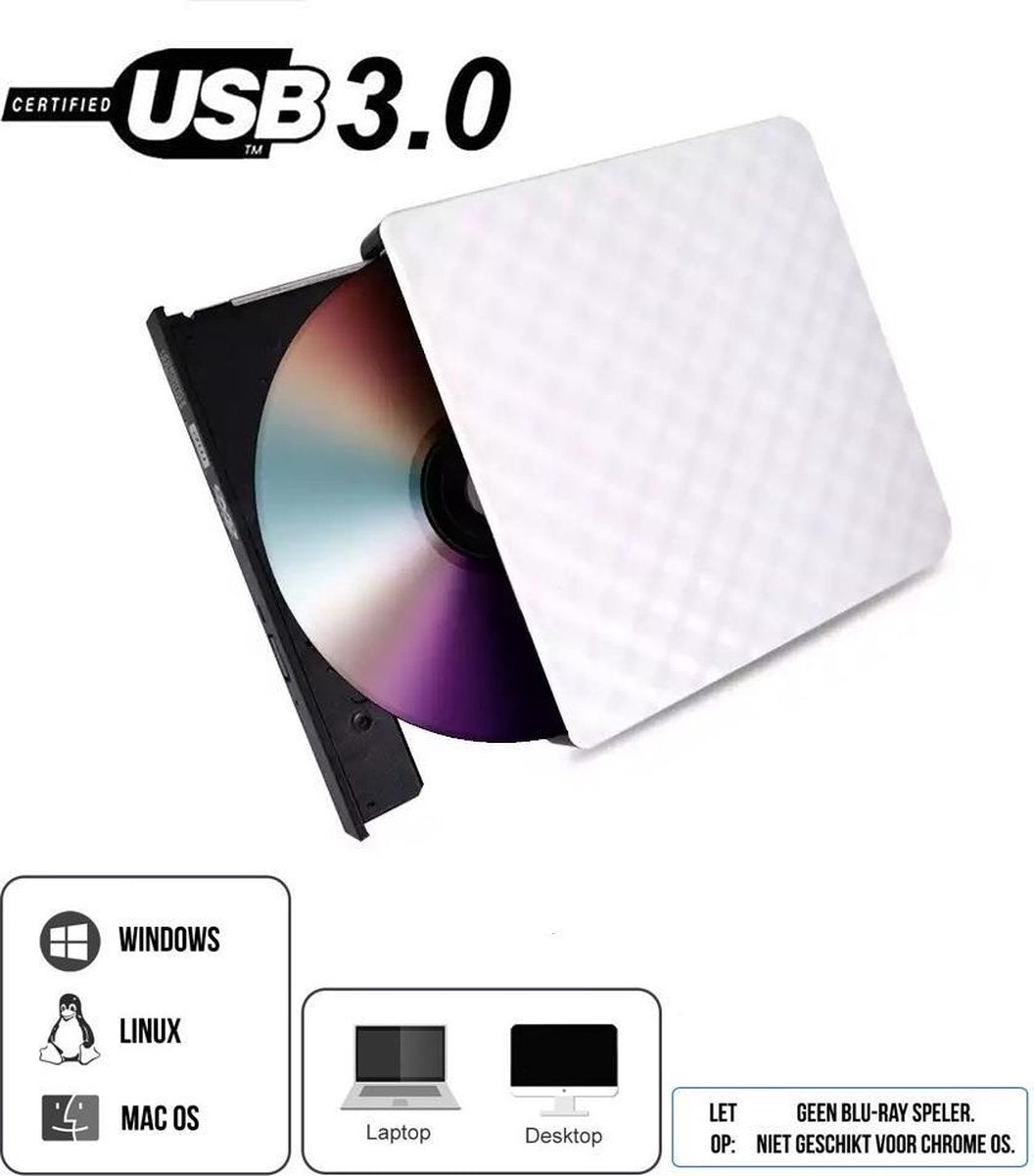 Sargon Externe DVD Speler – DVD/CD Brander voor Windows/Max/Linux – USB 3.0 - Linux – Optische Drive - Wit