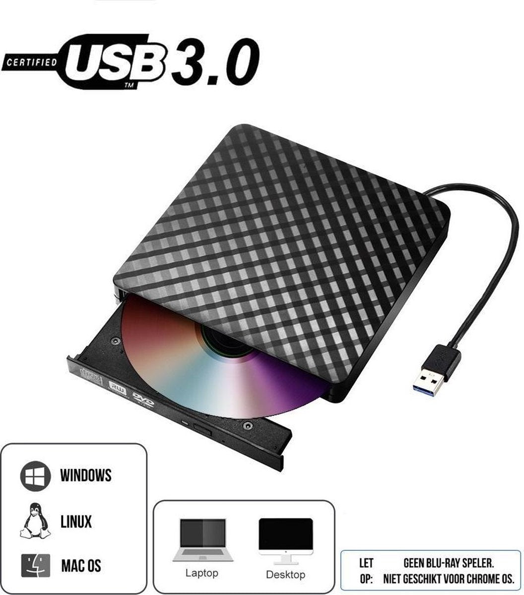 Sargon Externe DVD Speler – DVD/CD Brander voor Windows/Max/Linux – USB 3.0 - Linux – Optische Drive - Zwart