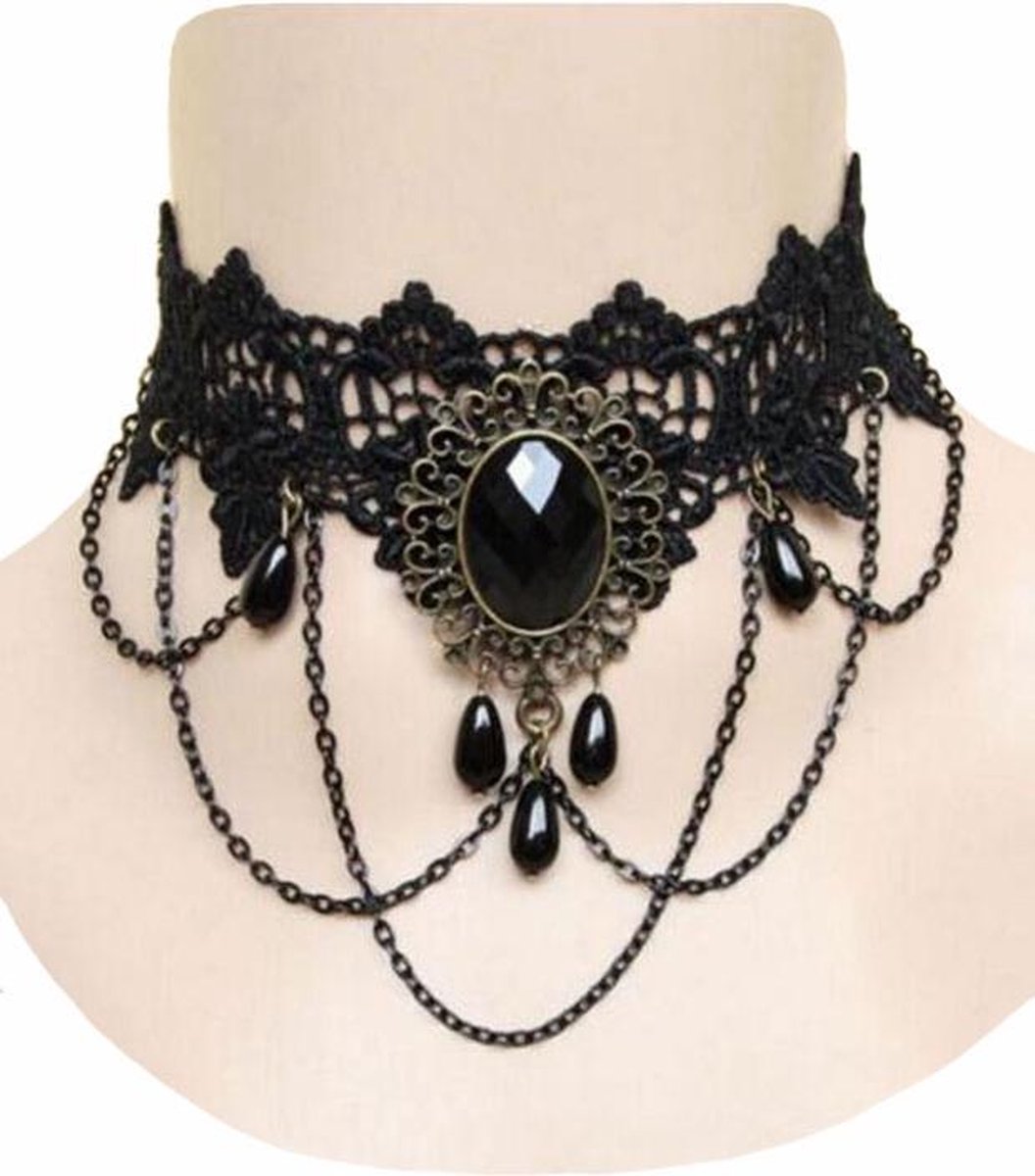Choker zwart kant met kraaltjes en kettinkjes - collar ketting victoriaans sexy zwarte 4