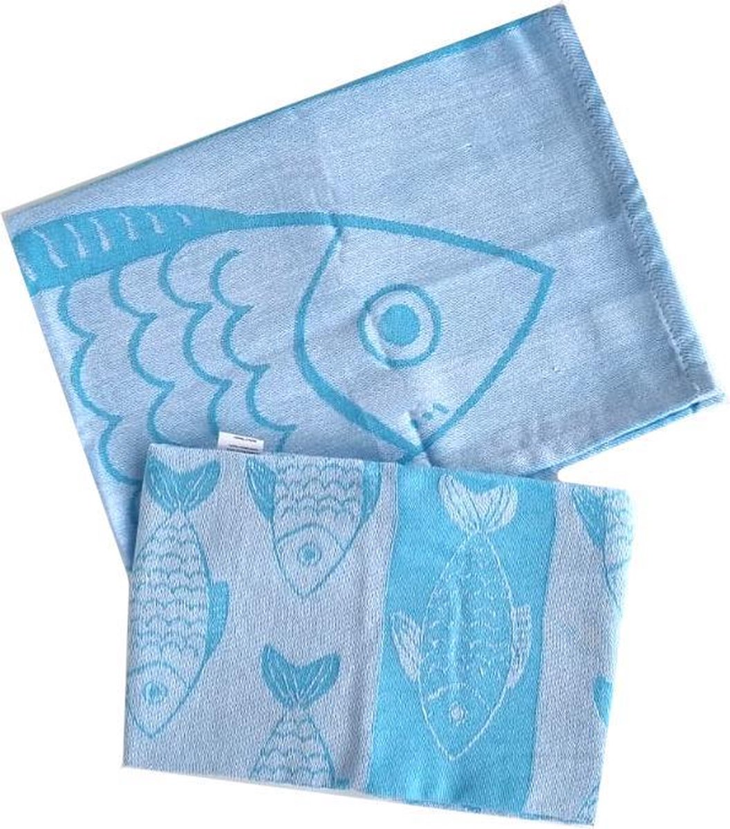 Leuke theedoeken met print van vissen in turquoise blauw 2 stuks 50 x 70 cm