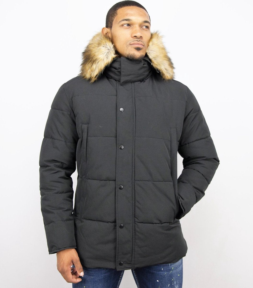 Enos Heren Winterjas – Met Bontkraag – Zwart - Maat: L