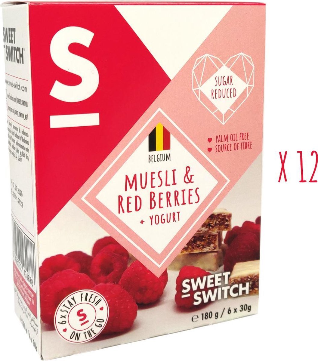 SWEET-SWITCH® - Mueslireep - Rode Vruchten - Yoghurt - Muesli - Framboos - Gedroogd Fruit - Snacks - Koek - Sportvoeding - Suikerarm - Palmolievrij - 12 x (6 x 30 g)
