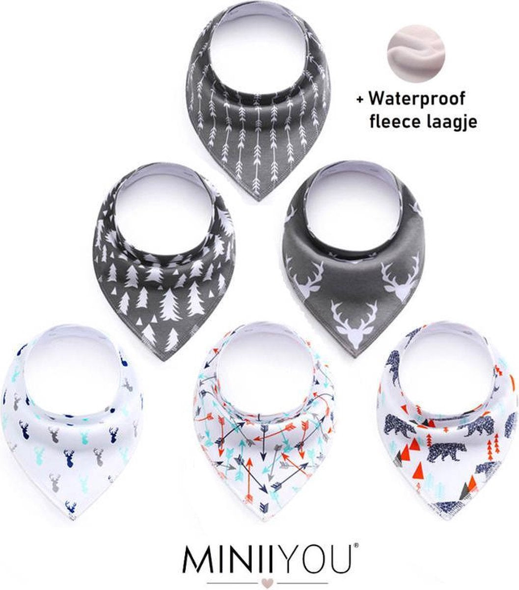 Set van 6 stuks | Bandana kwijl Slabbetjes jongens pijltjes hert |WATERPROOF fleece laag achterzijde | Baby en peuter slab | puntslab | Stoere Puntsjaaltjes | Slabber Verstelbaar in 2 maten | Biologisch katoen | Groot formaat