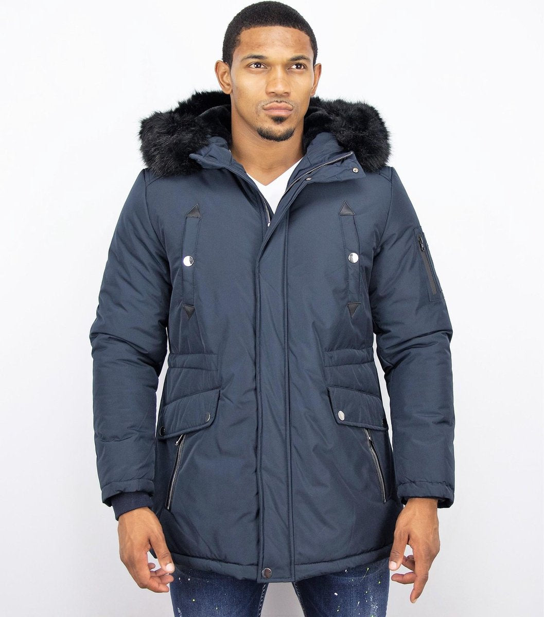 Enos Lange Parka Jas Heren – Met Bontkraag – Blauw Heren Parka
