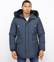Enos Lange Parka Jas Heren – Met Bontkraag – Blauw Heren Parka