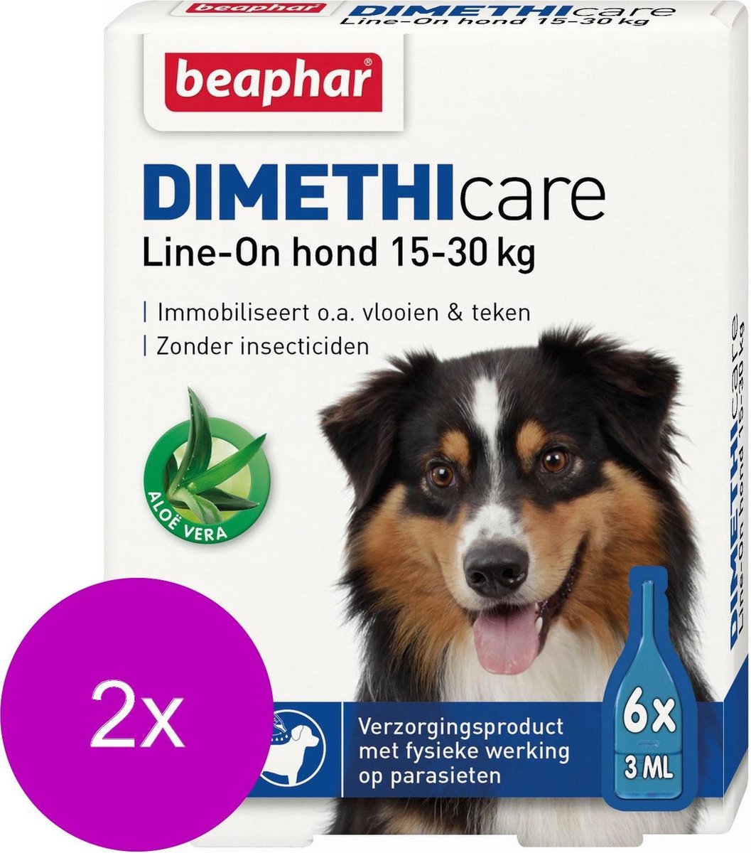 Beaphar Dimethicare Line-On Hond - Anti vlooien en tekenmiddel - 2 x 6x3 ml Van 15 Tot 30kg