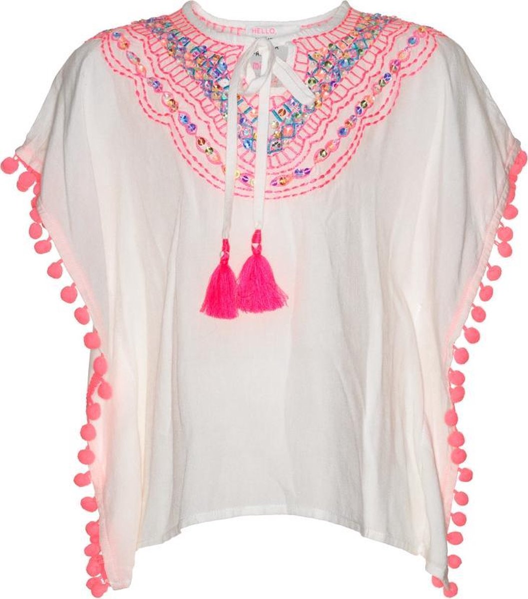 Mim Pi wit met roze meisjes kaftan opgesierd met pluimpjes en pompoms