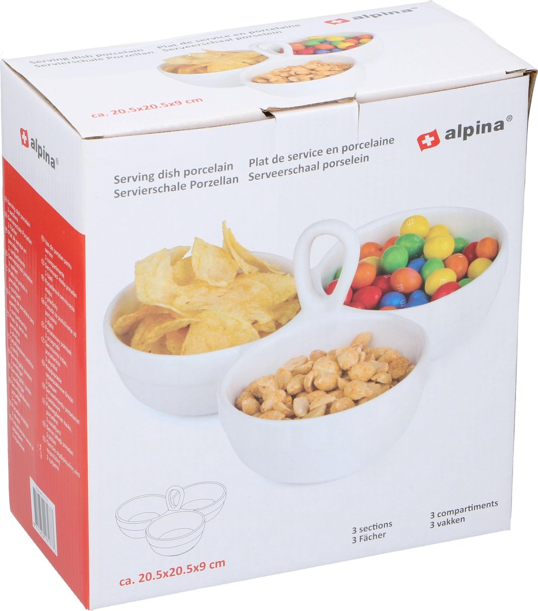 Set van 3x stuks snack/borrelschalen porselein bloem 3-vaks 20 cm - Keukenbenodigdheden - Serveerschalen met vakken - Snacks/hapjes serveren