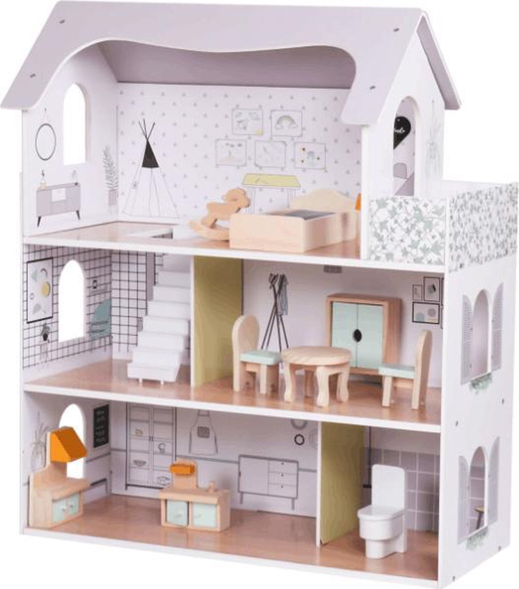 Houten Poppenhuis | Meubelset 10pcs | 62 x 27 x 70cm