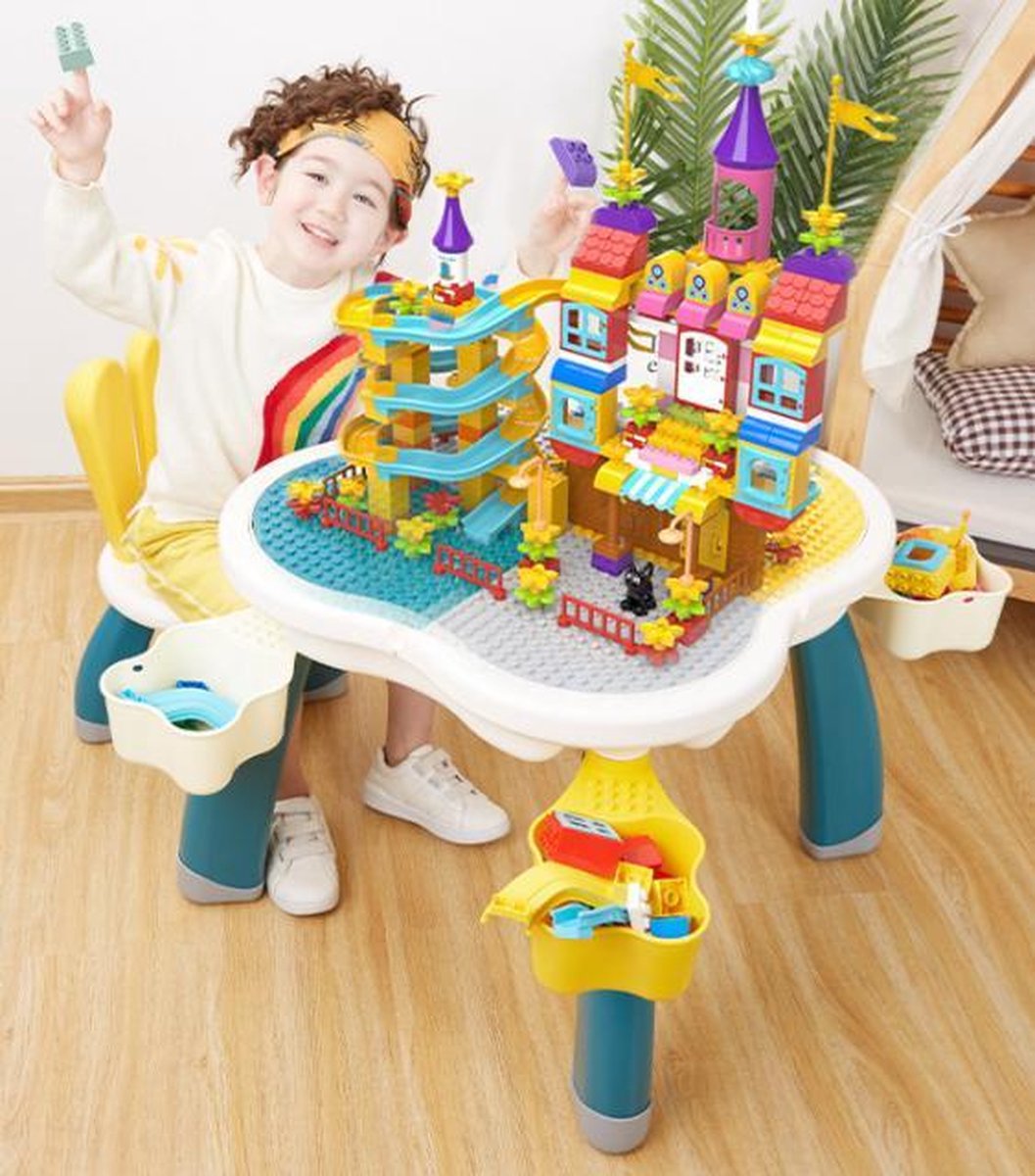 Schattige extra grote bouwtafelset + Knikkerbaan 135 dlg. - Stevige & Stabiele + 2 Bunny stoelen + 4 Opbergdozen - Speeltafel Kinderen