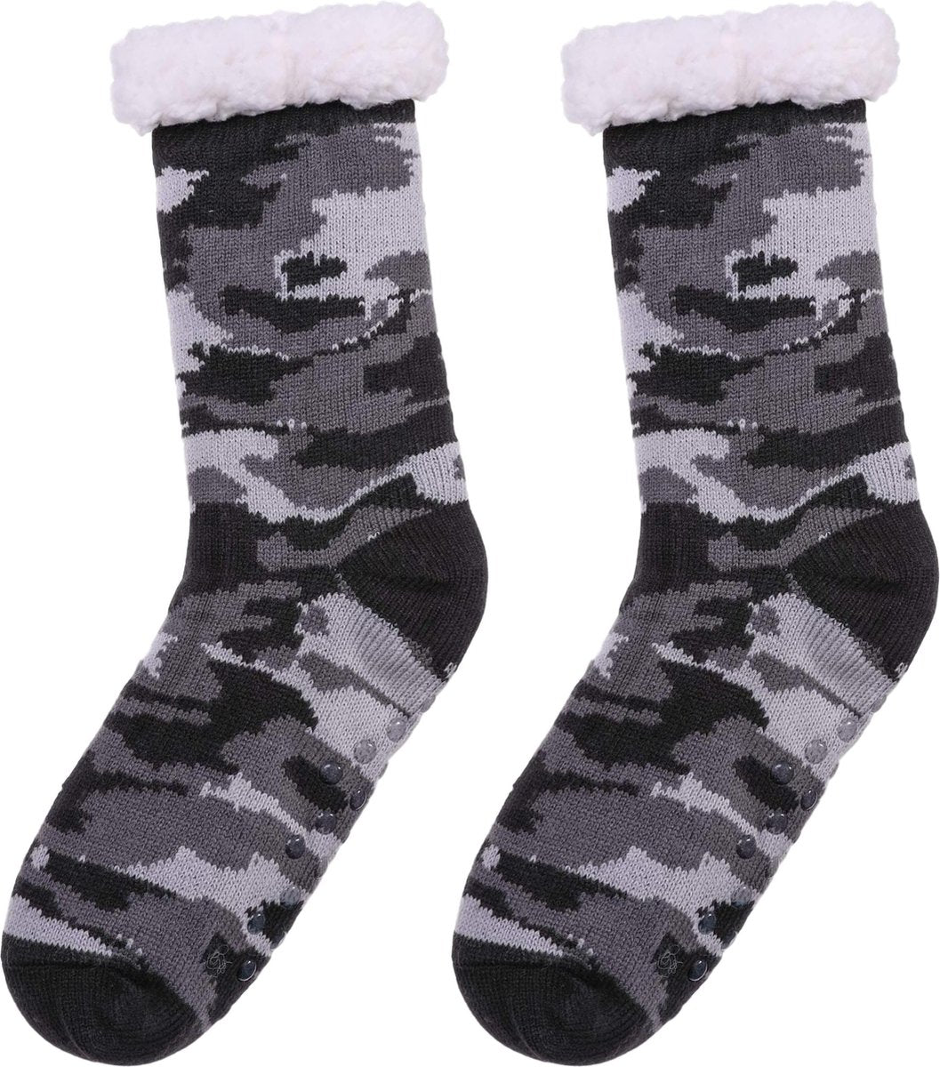 JAXY - Huissokken Dames - Verwarmde Sokken - Anti Slip Sokken - Huissokken - Bedsokken - Warme Sokken - Kerstcadeau Voor Vrouwen - Thermosokken - Dikke Sokken - Fluffy Sokken - Kerstsokken Dames en Heren - Camouflage Grijs