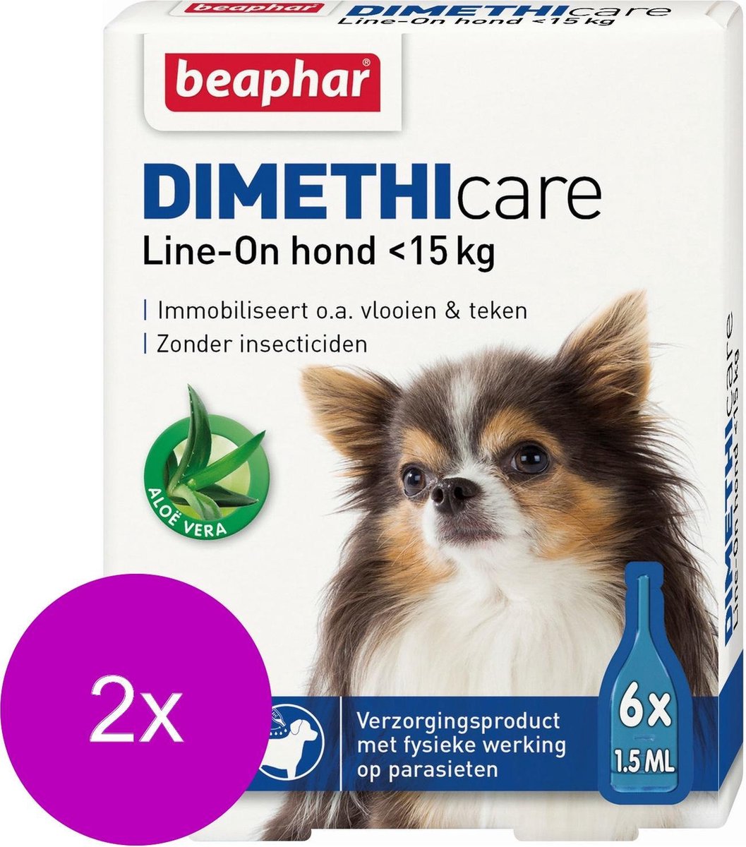 Beaphar Dimethicare Line-On Hond - Anti vlooien en tekenmiddel - 2 x 6x1.5 ml Tot 15kg