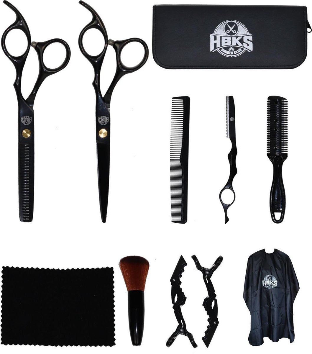 HBKS Professionele Kappersschaar Set - Kappersset - Uitdunschaar - Kapperschaar - Kappersmantel - Kam - Scheerkam - Barbiersmes - Leren Hoes - Rechtshandig