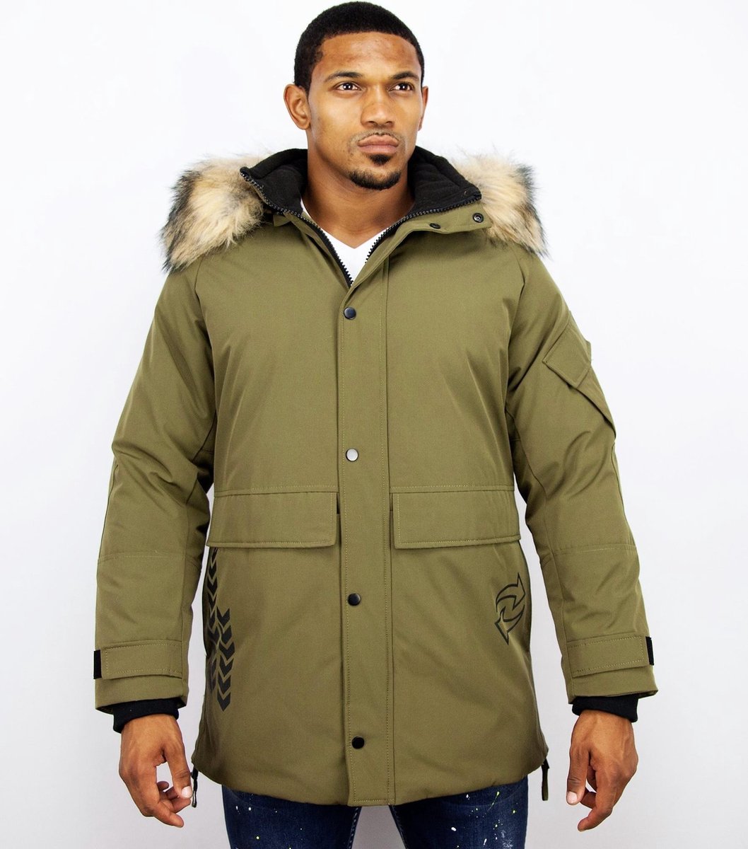 Enos Lange Parka Jas Heren – Met Bontkraag – Groen - Maat: XS