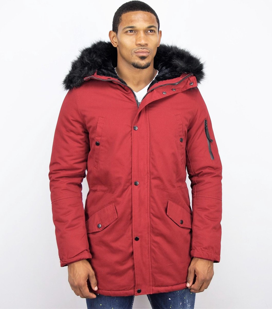Enos Lange Heren Winterjas – Met Faux Bontkraag– Rood Heren Winterjas Heren Jas Maat S
