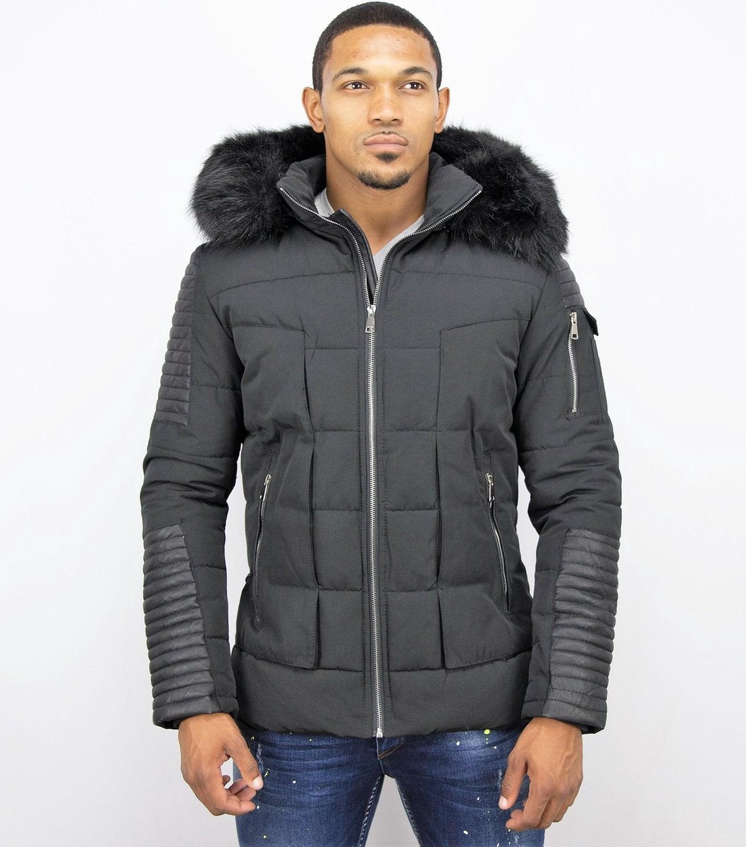 Enos Korte Heren Winterjas – Met Faux Bontkraag – Zwart Heren Winterjas Heren Jas Maat XL