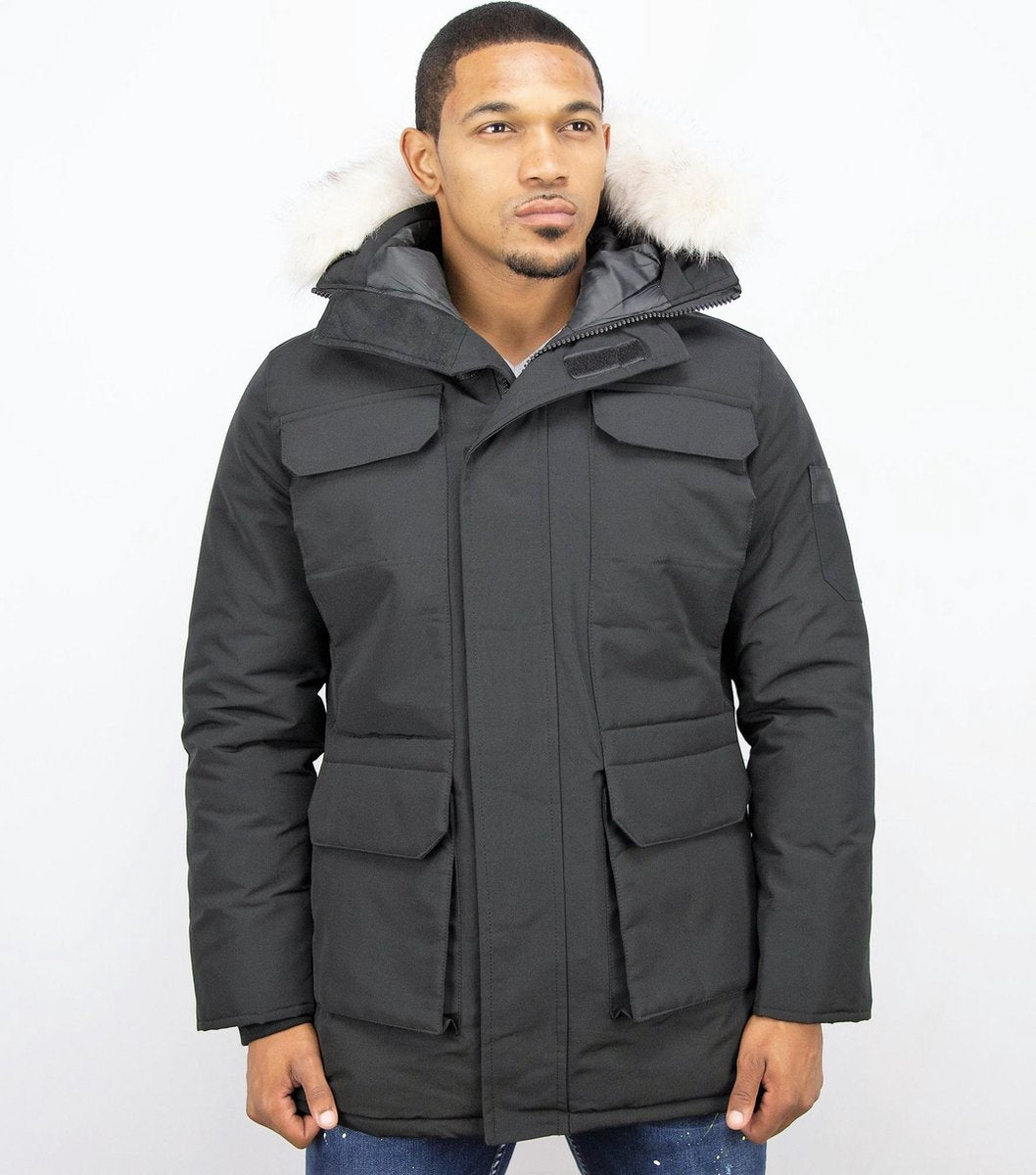 JUST KEY Heren Winterjas – Lange Parka Met Bontkraag – Zwart - Maat: M