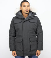 JUST KEY Heren Winterjas – Lange Parka Met Bontkraag – Zwart - Maat: M