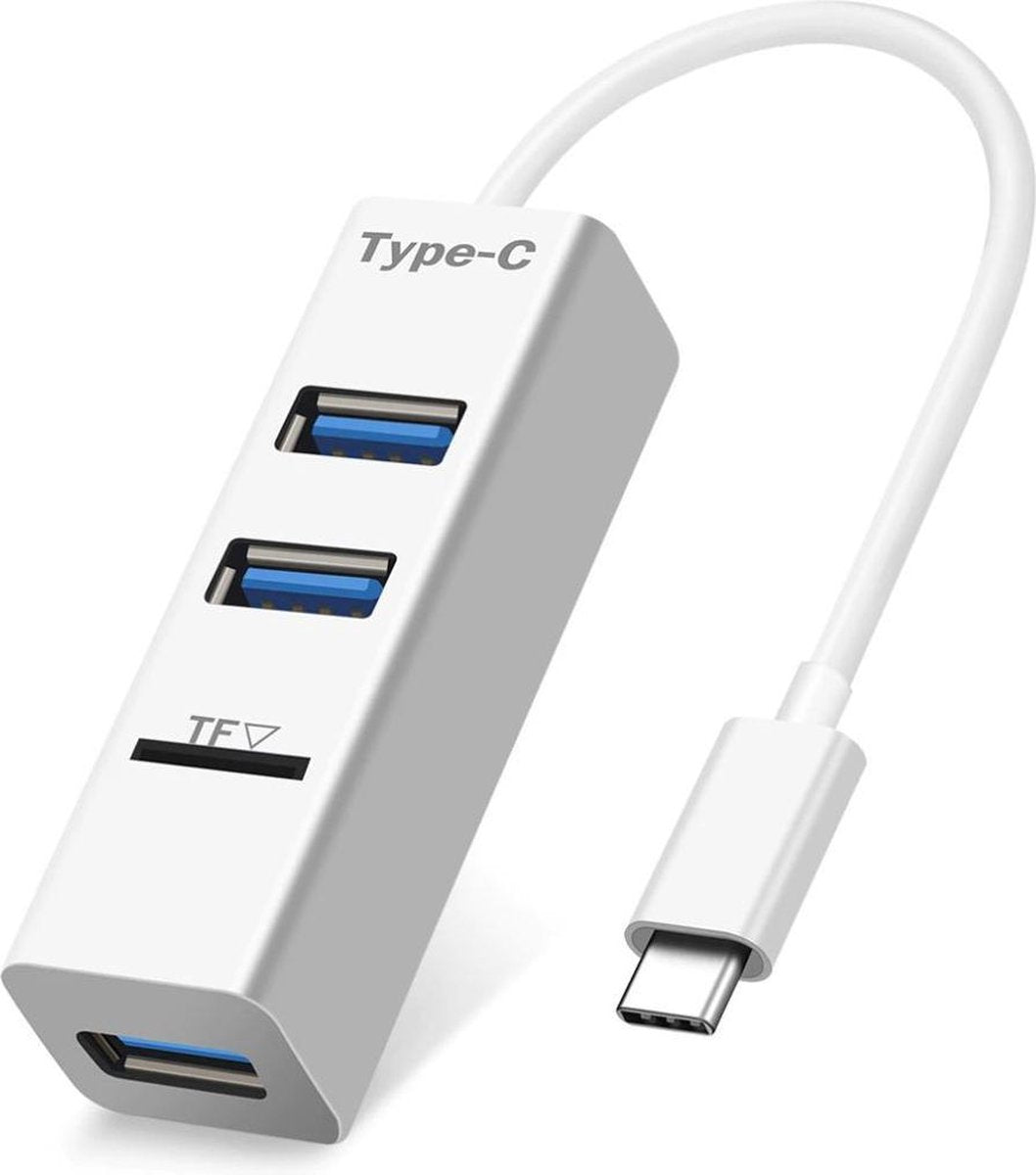USB type C splitter hub met 3 standaard USB 2.0 (type A) poorten en 1 microSD geheugenkaartlezer