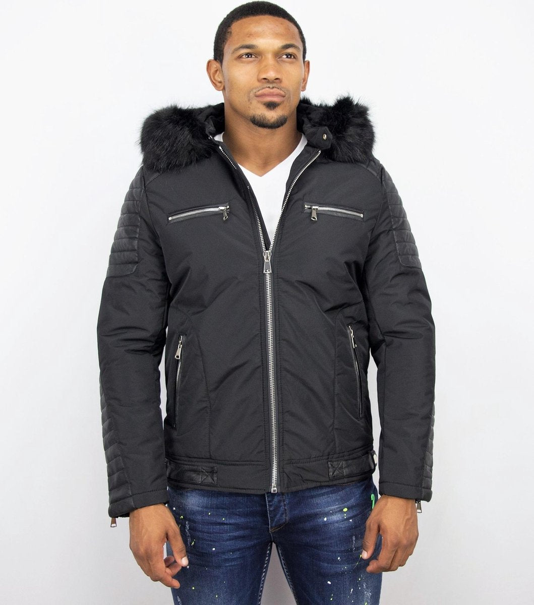 Enos Korte Heren Parka Jas – Met bontkraag - Zwart - Maat: S