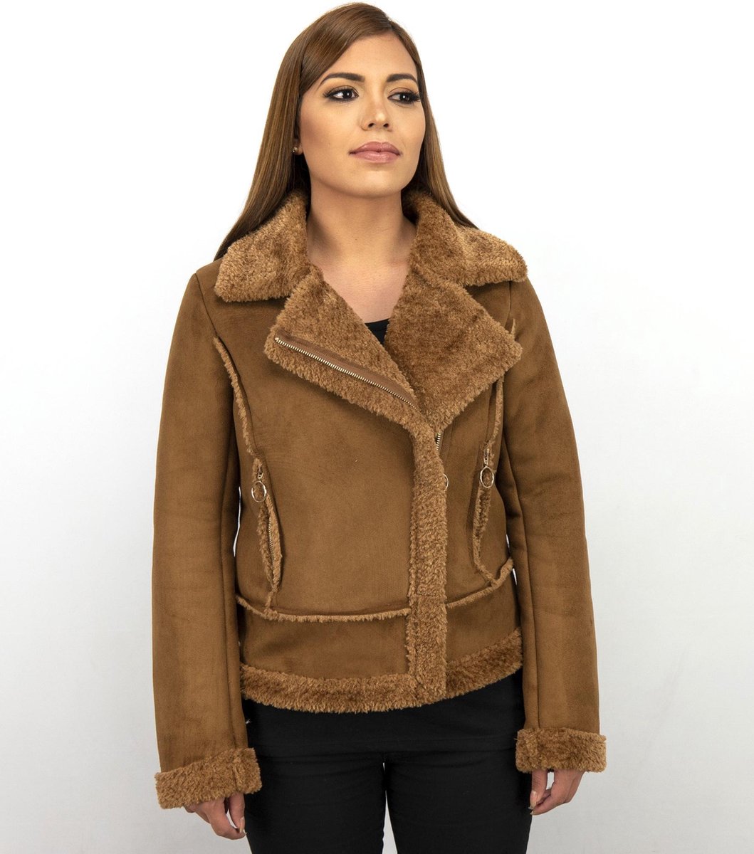 Z DESIGN Bikerjack Dames Suede – Lammy Coat – Bruin - Maat: S