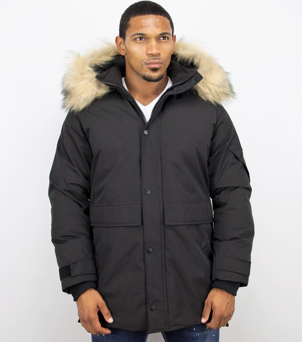 Enos Lange Parka Jas Heren – Met Faux Bontkraag– Zwart Heren Winterjas Heren Jas Maat L