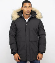 Enos Lange Parka Jas Heren – Met Faux Bontkraag– Zwart Heren Winterjas Heren Jas Maat L