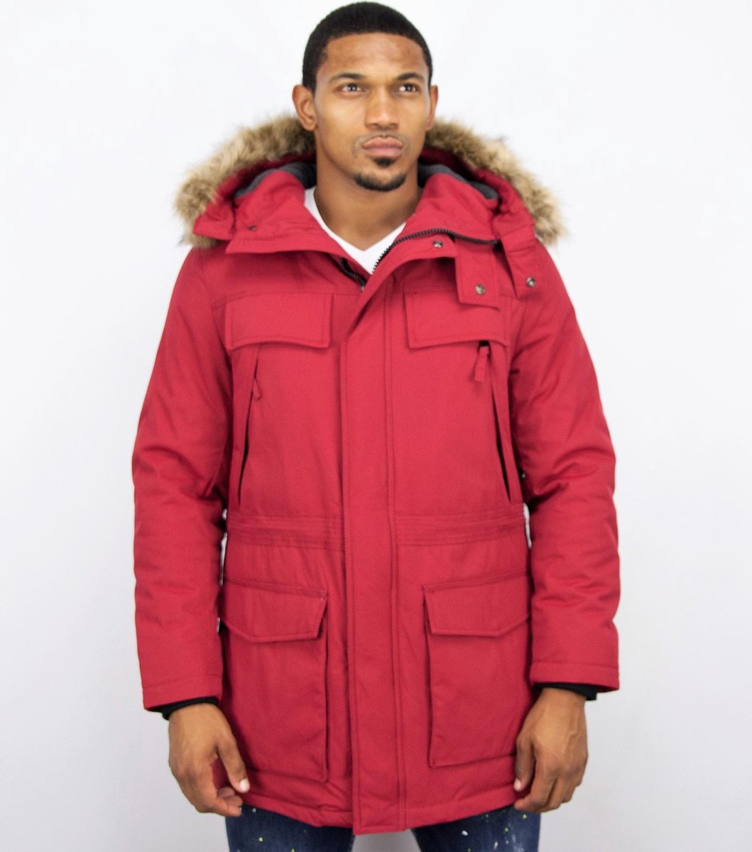 Enos Lange Parka Jas Heren – Met Bontkraag - Rood - Maat: XL