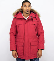 Enos Lange Parka Jas Heren – Met Bontkraag - Rood - Maat: M